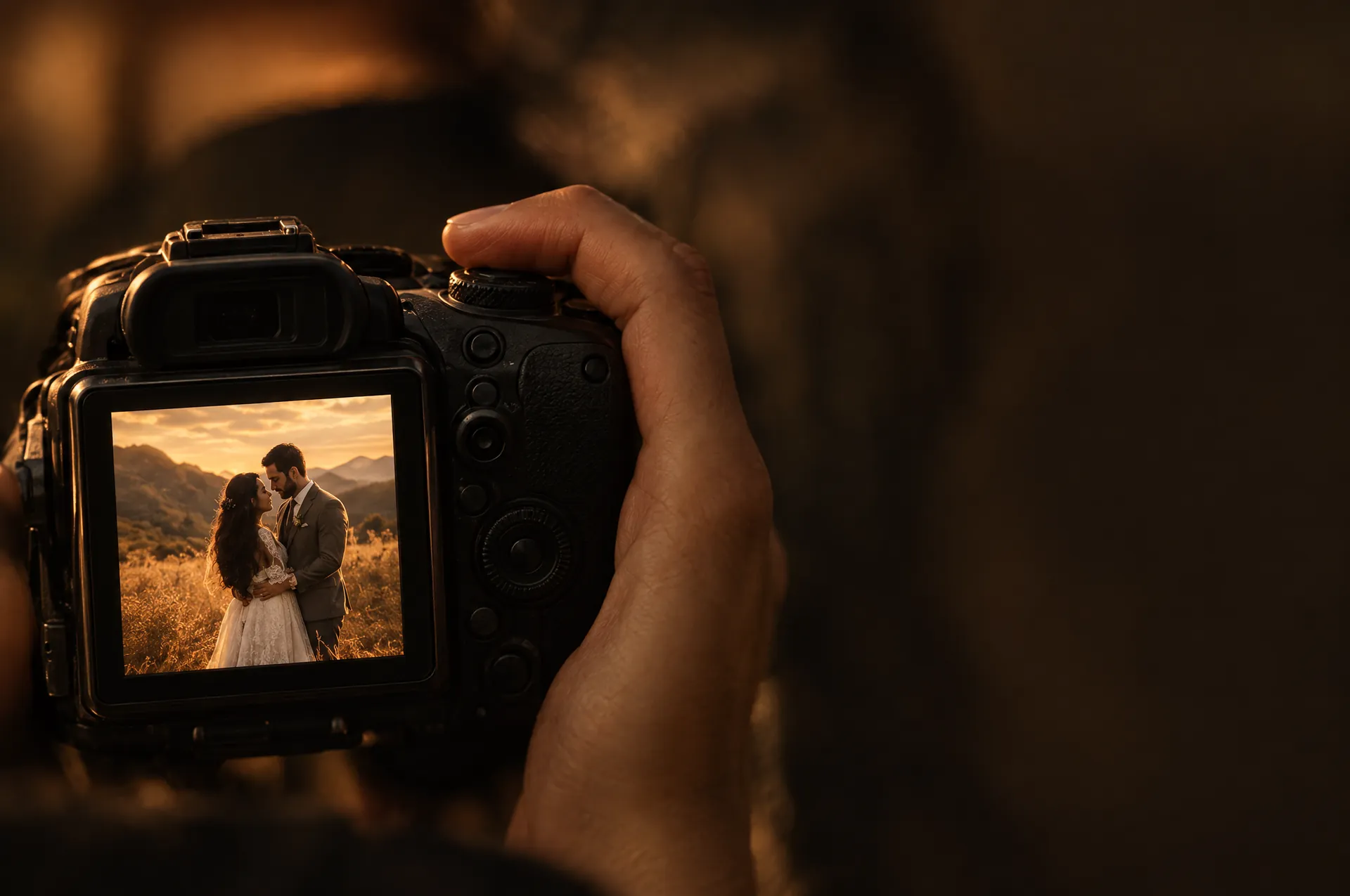 De camera van een fotograaf met een trouwfoto op het scherm