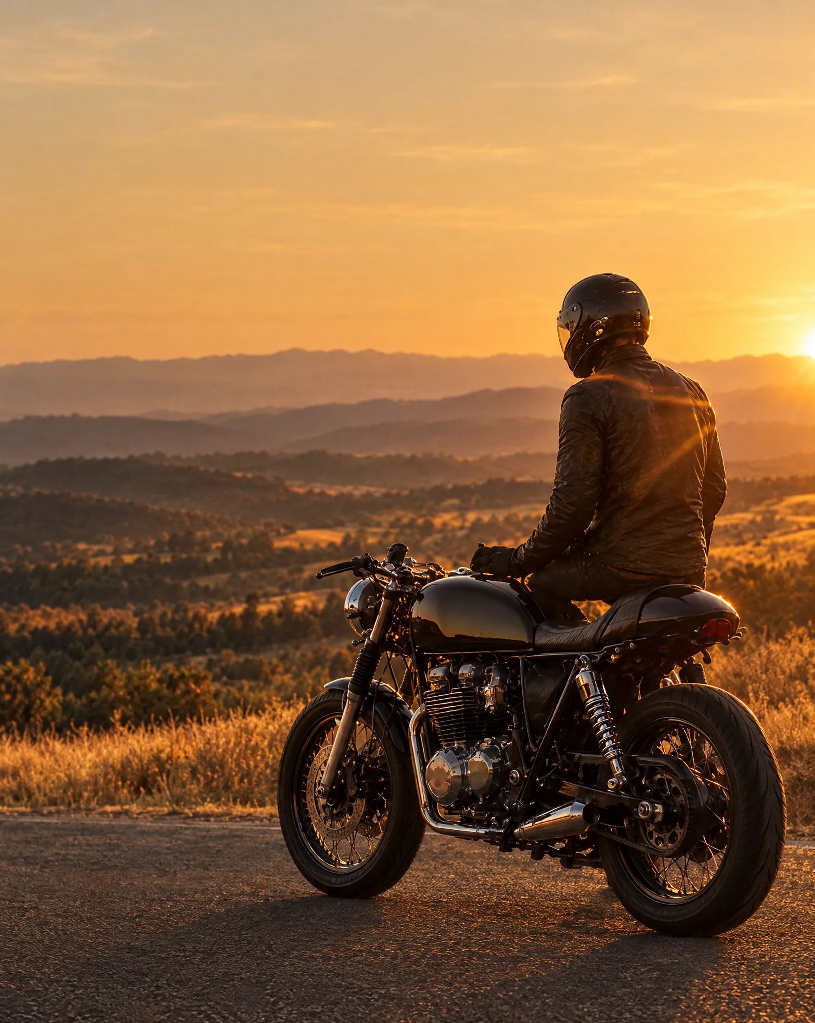 Een motorrijder met een zwarte helm op een caféracer bij zonsondergang