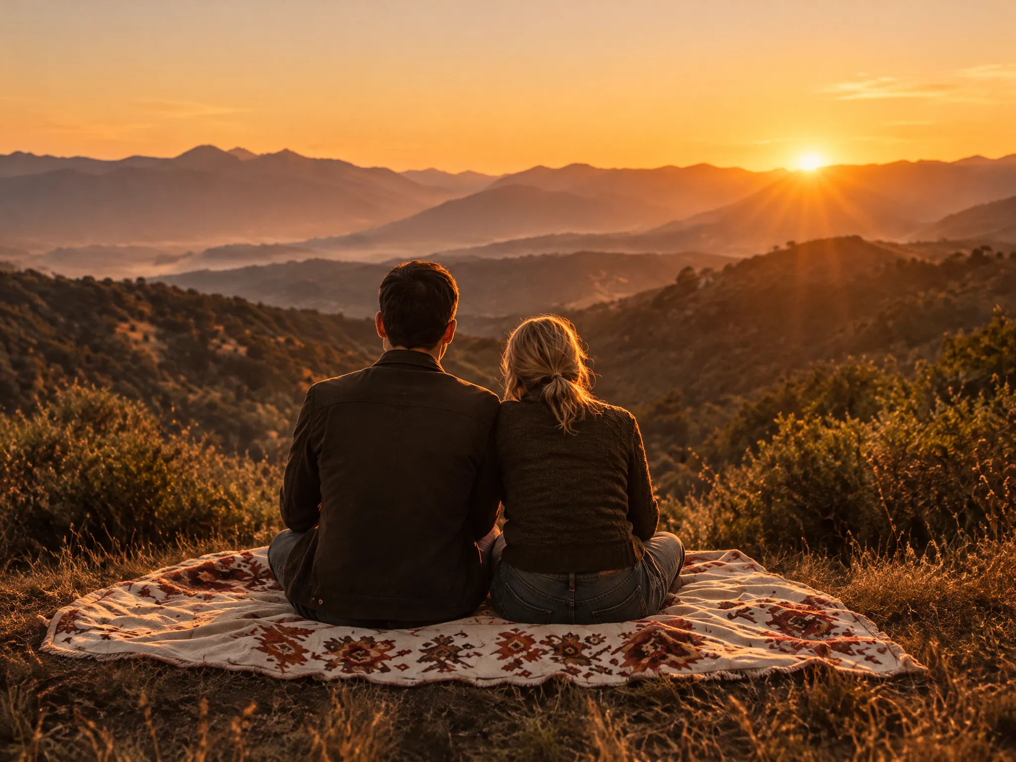 Een stel op een picknickkleed kijkt naar de zonsondergang boven de bergen