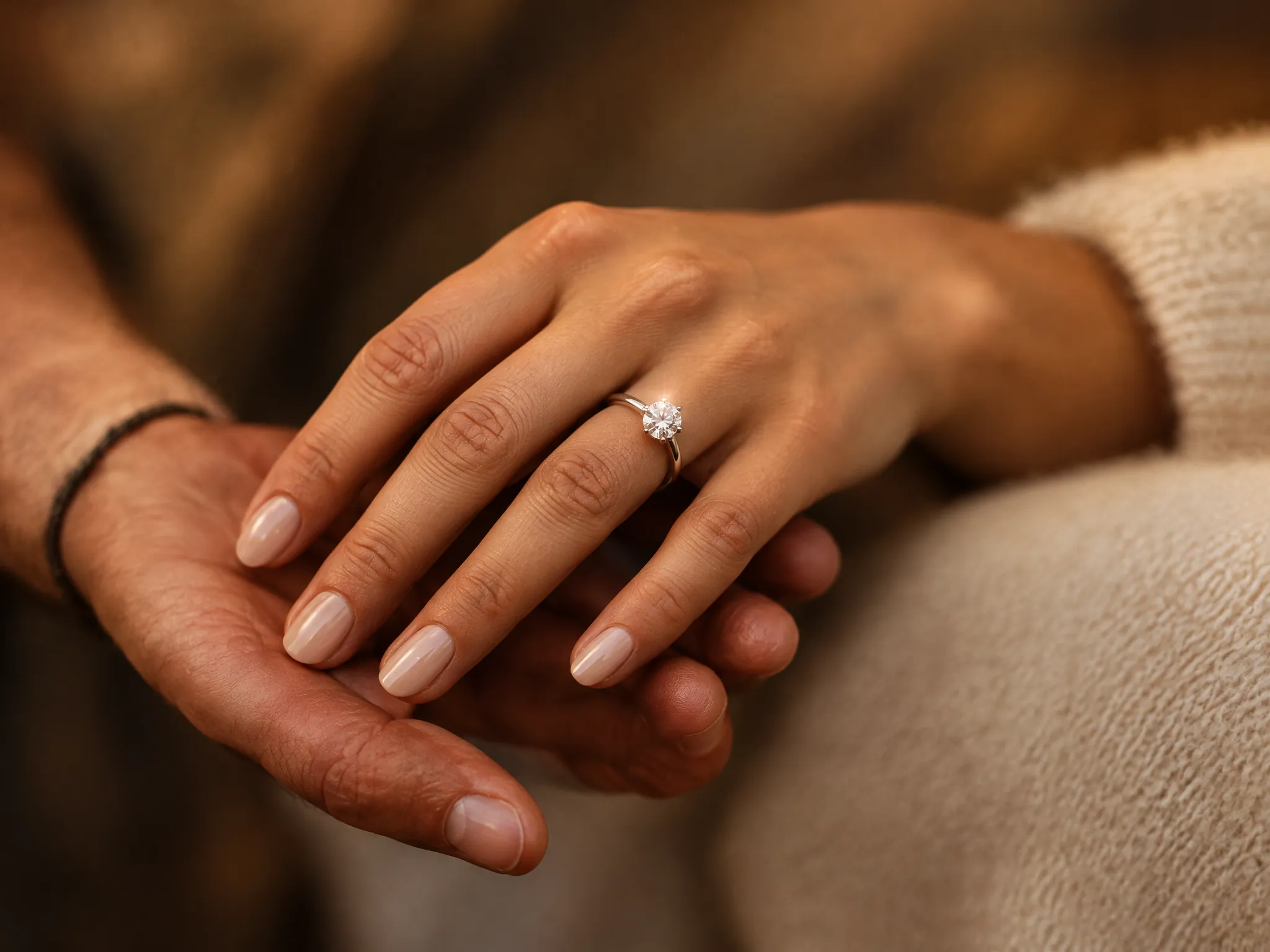 Close-up van een verlovingsring aan een hand die in de hand van een partner rust