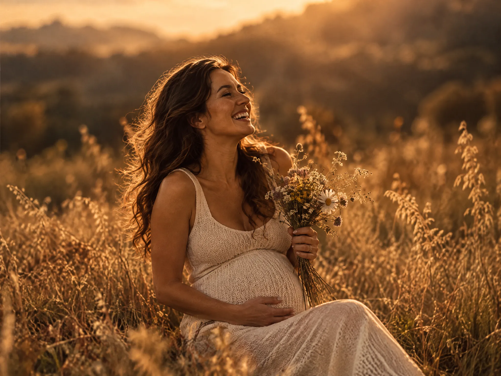 Een zwangere vrouw lacht in het hoge gras met een bos veldbloemen